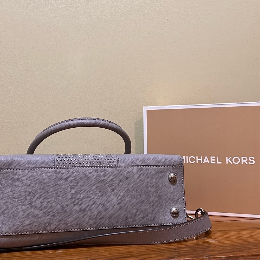 Michael Kors Hamilton Micro Stud Center Stripe Pearl Grey Leather Handbag - Picture 8 of 15